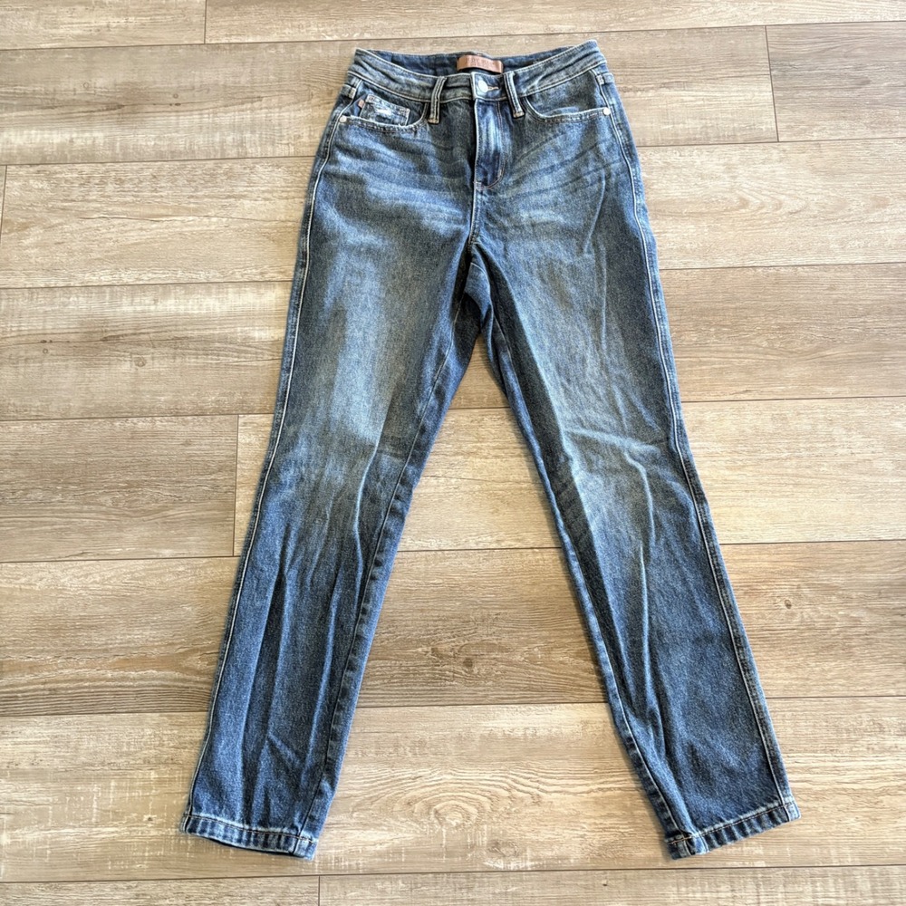 Judy Blue Straight Fit‎ Jeans Women 1/25 Blue High Rise Distressed Stretch Denim